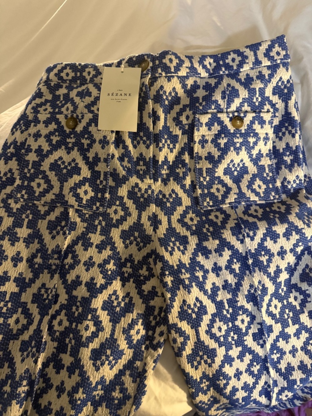Sezane Emilio Trousers Geo Blue Jacquard - Size 14 - Picture 3 of 3